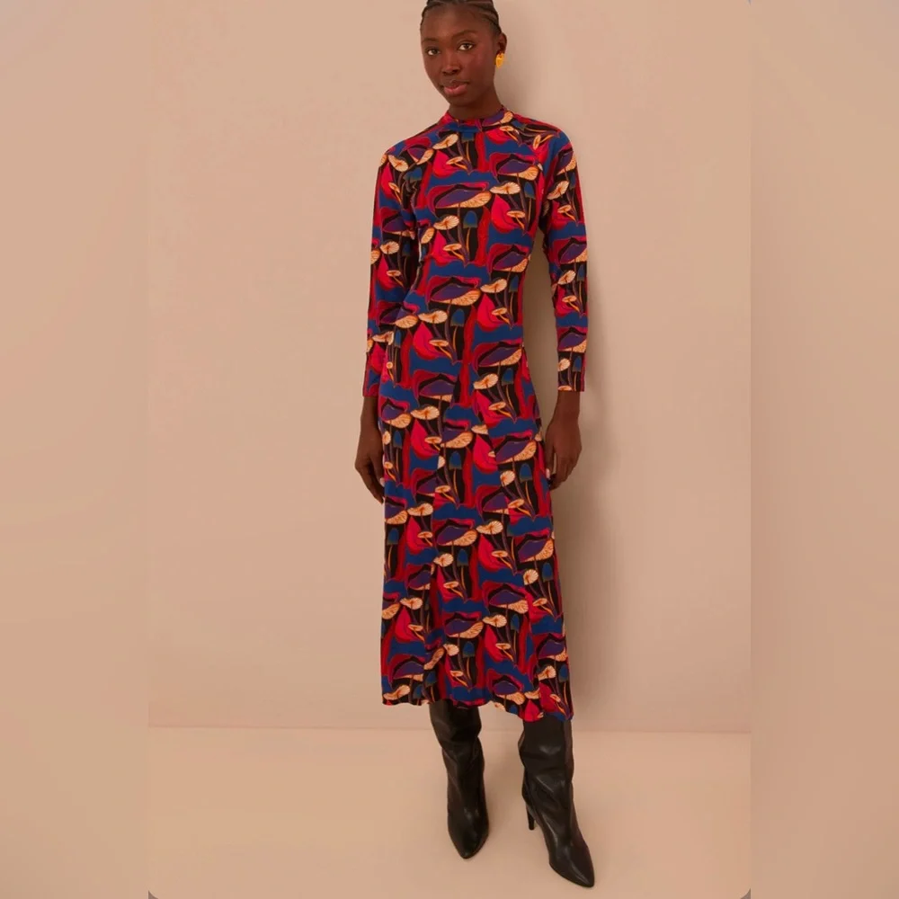 Farm Rio Wild Mushrooms Black Jersey Midi Dress - Picture 3 of 8